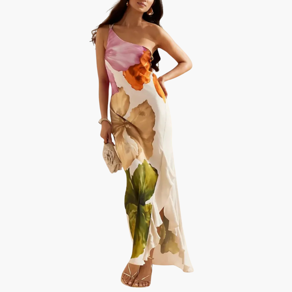 FLORÉLIA SATIN ASYMMETRICAL MAXI DRESS