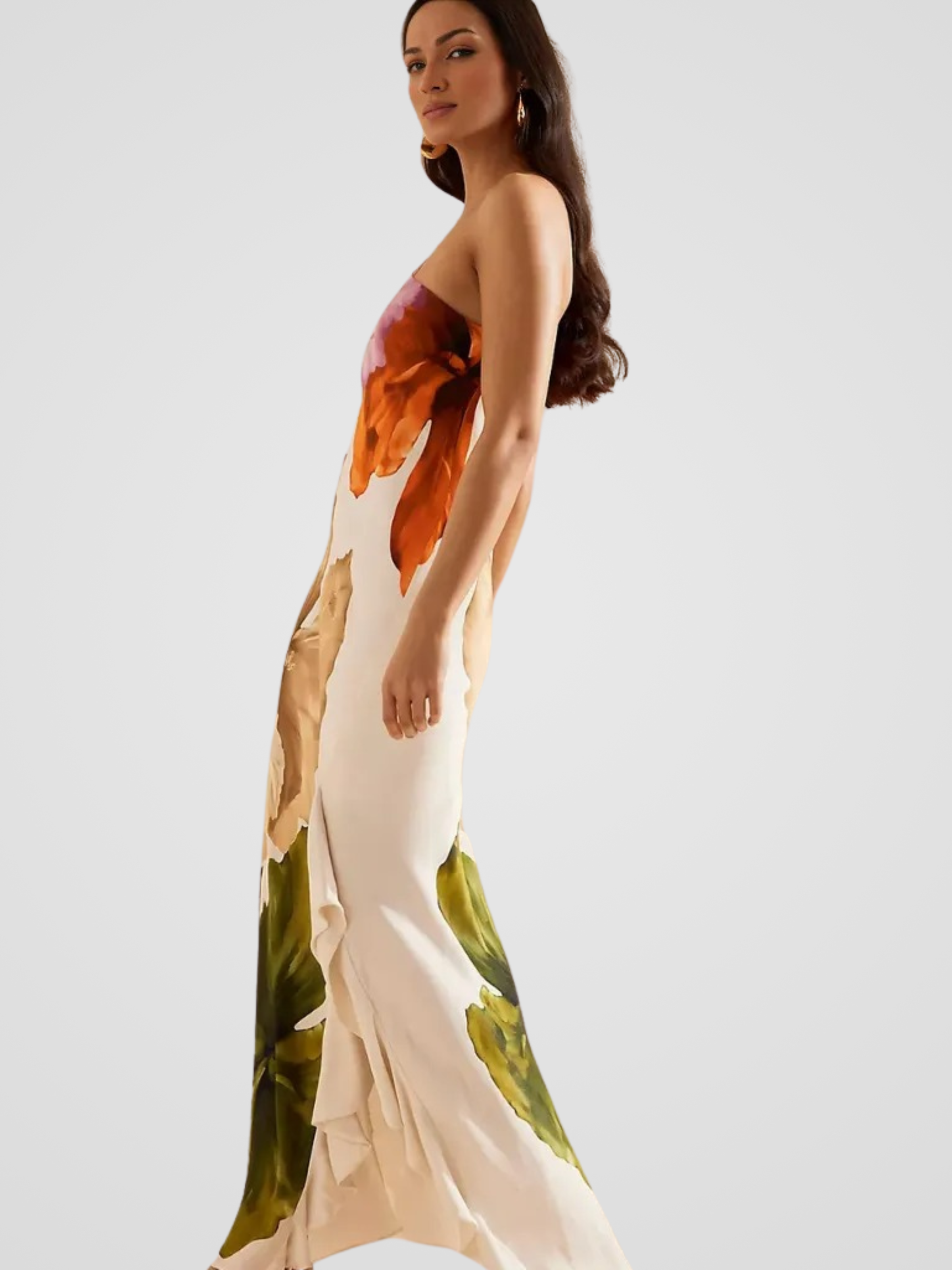 FLORÉLIA SATIN ASYMMETRICAL MAXI DRESS