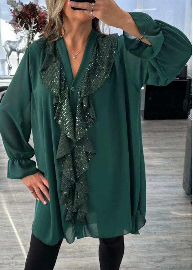 Melisa | Chiffon shirt with long sleeves and V-neckline, decorated with sequins