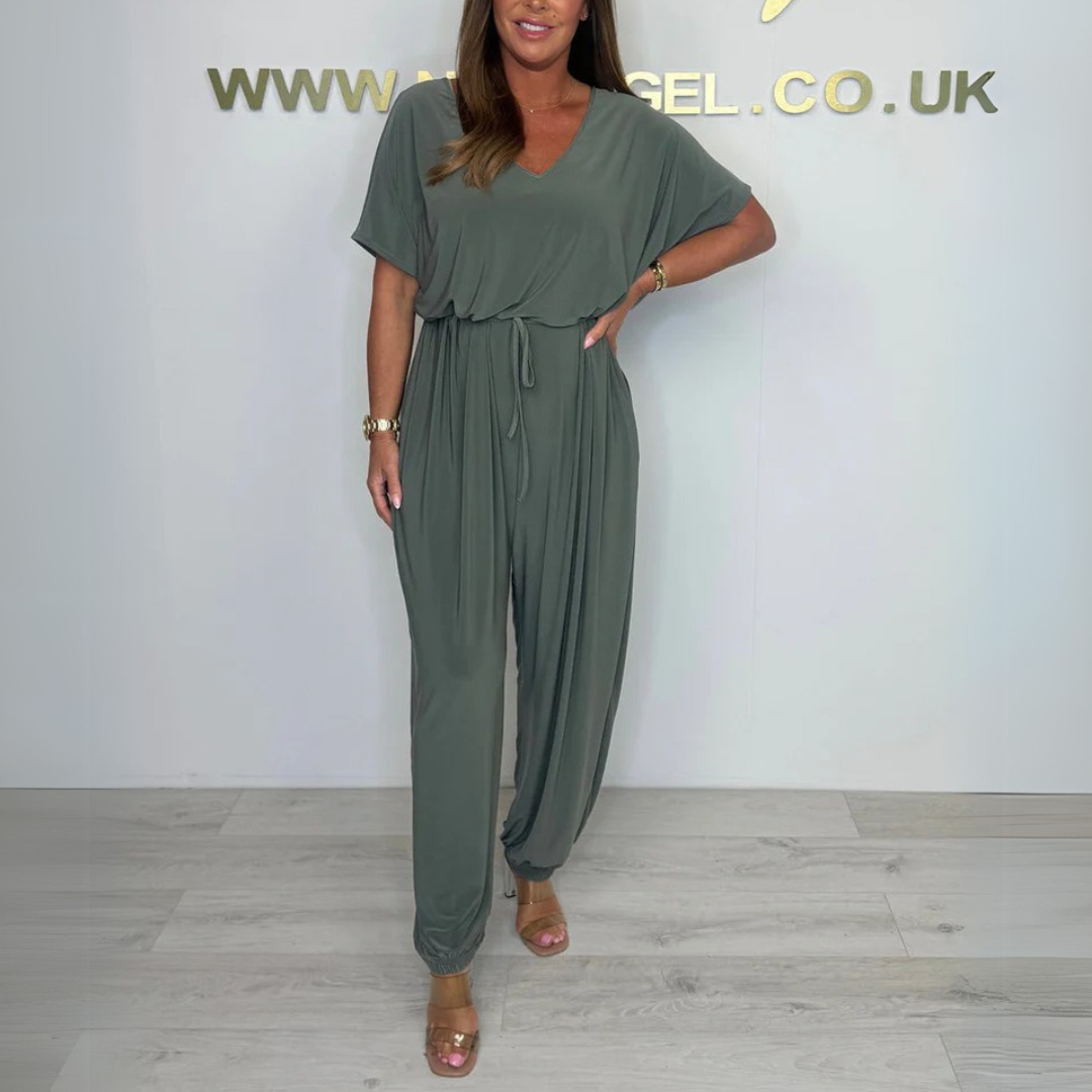 Thyrza | Cotton jumpsuit with V-neck and tie belt