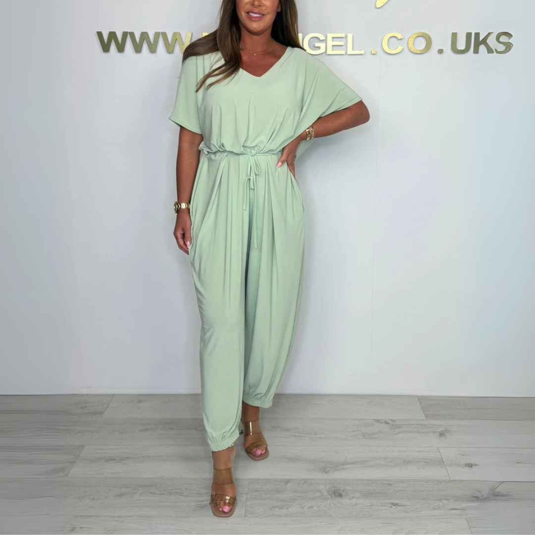 Thyrza | Cotton jumpsuit with V-neck and tie belt