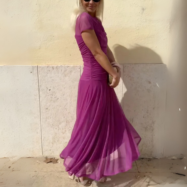 Ziska | Chiffon kjole til hverdag med rund halsudskæring og syninger