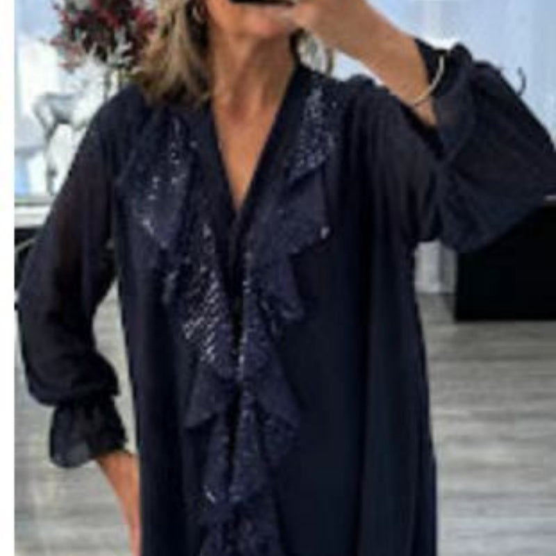 Melisa | Chiffon shirt with long sleeves and V-neckline, decorated with sequins