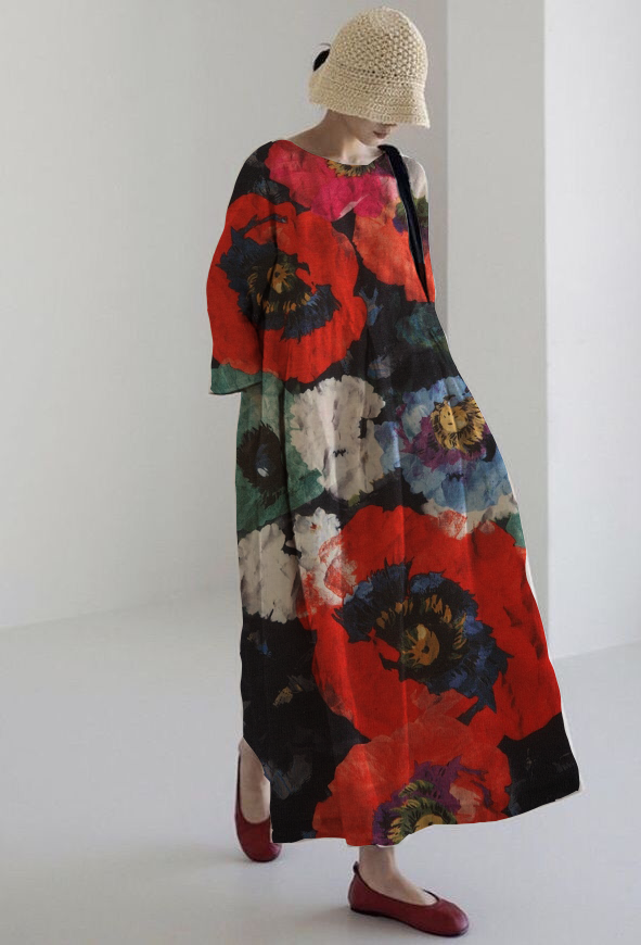 Julie | Kunstnerisk midi-kjole med maksimal komfort og intens blomsterprint for et look med gennemslagskraft