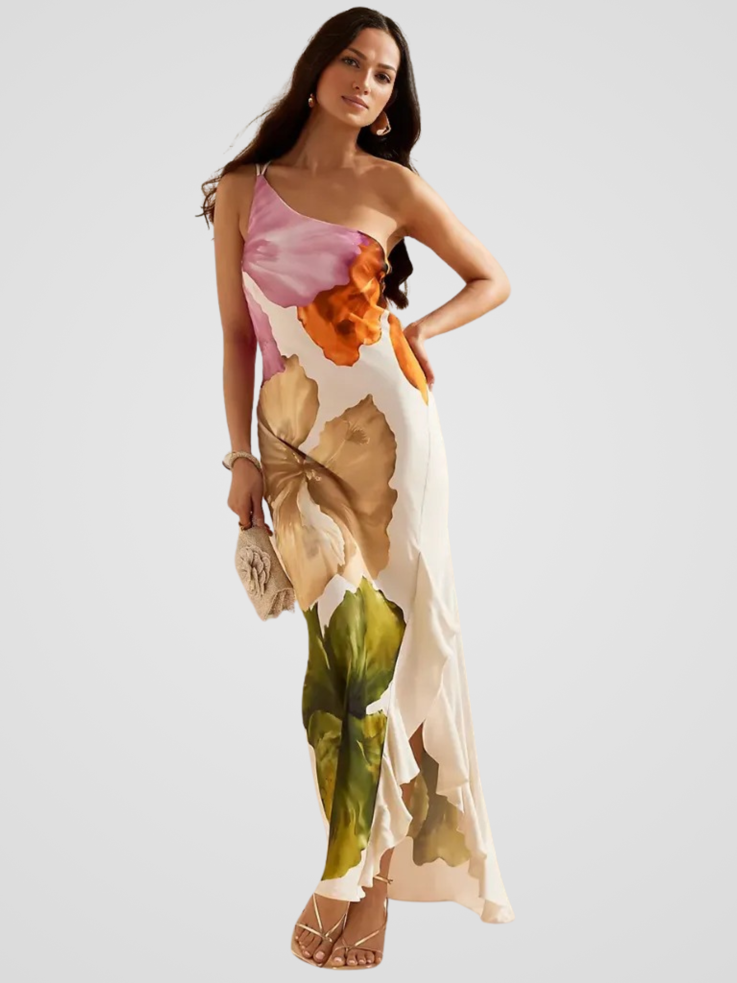 FLORÉLIA SATIN ASYMMETRICAL MAXI DRESS