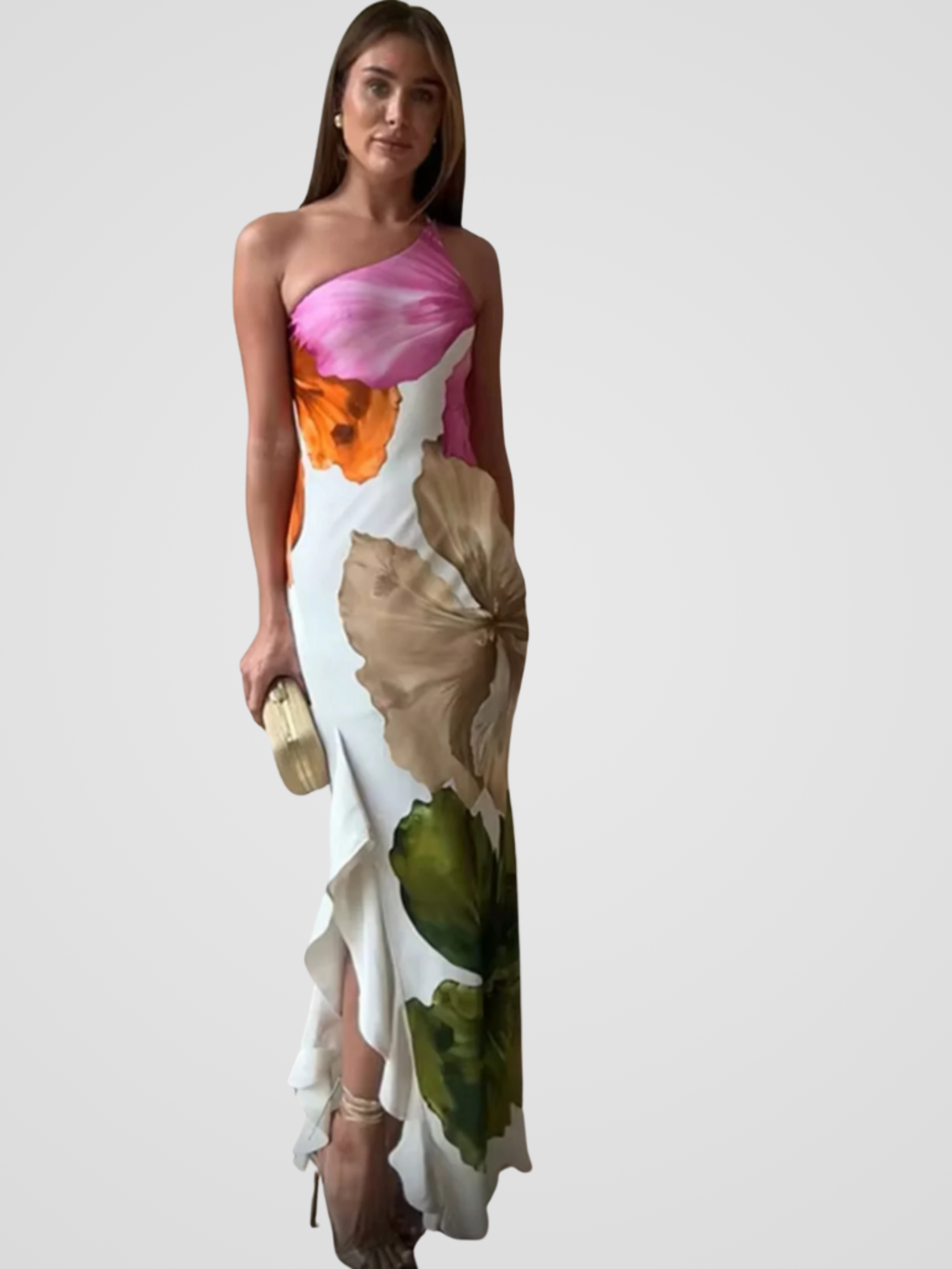 FLORÉLIA SATIN ASYMMETRICAL MAXI DRESS