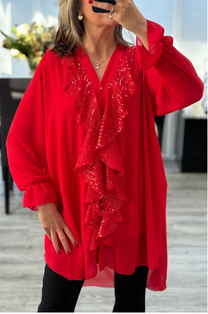 Melisa | Chiffon shirt with long sleeves and V-neckline, decorated with sequins