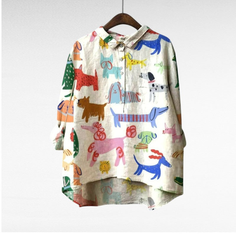 Linna | Eksklusiv bluse med hundeprint til kvinder