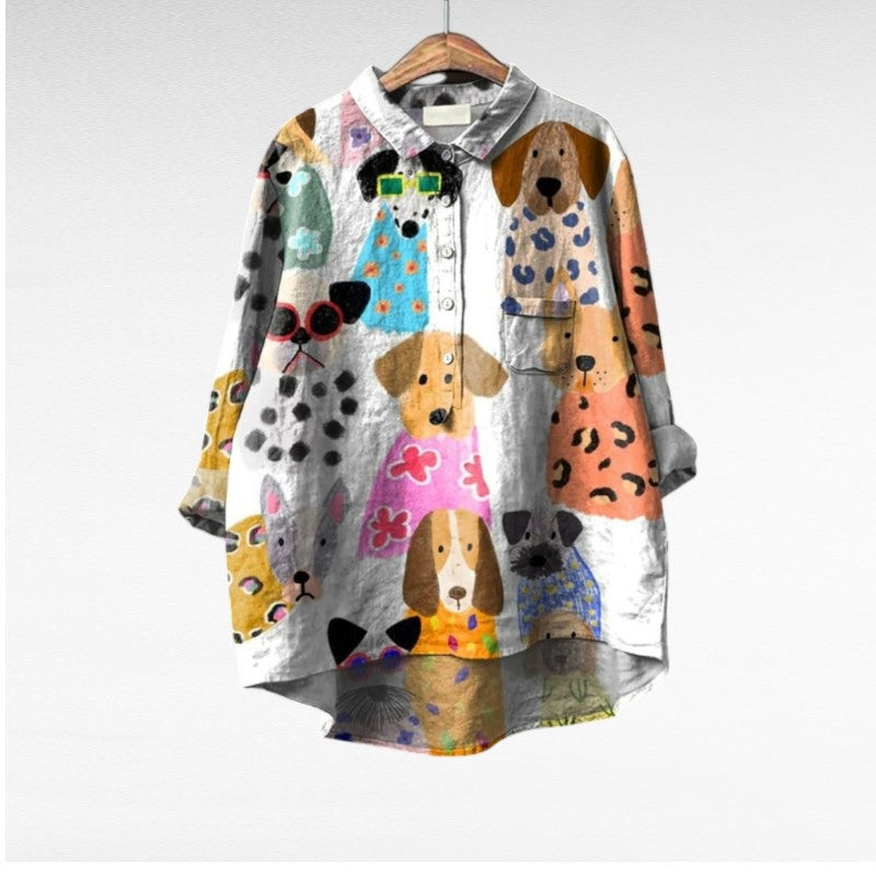 Linna | Eksklusiv bluse med hundeprint til kvinder