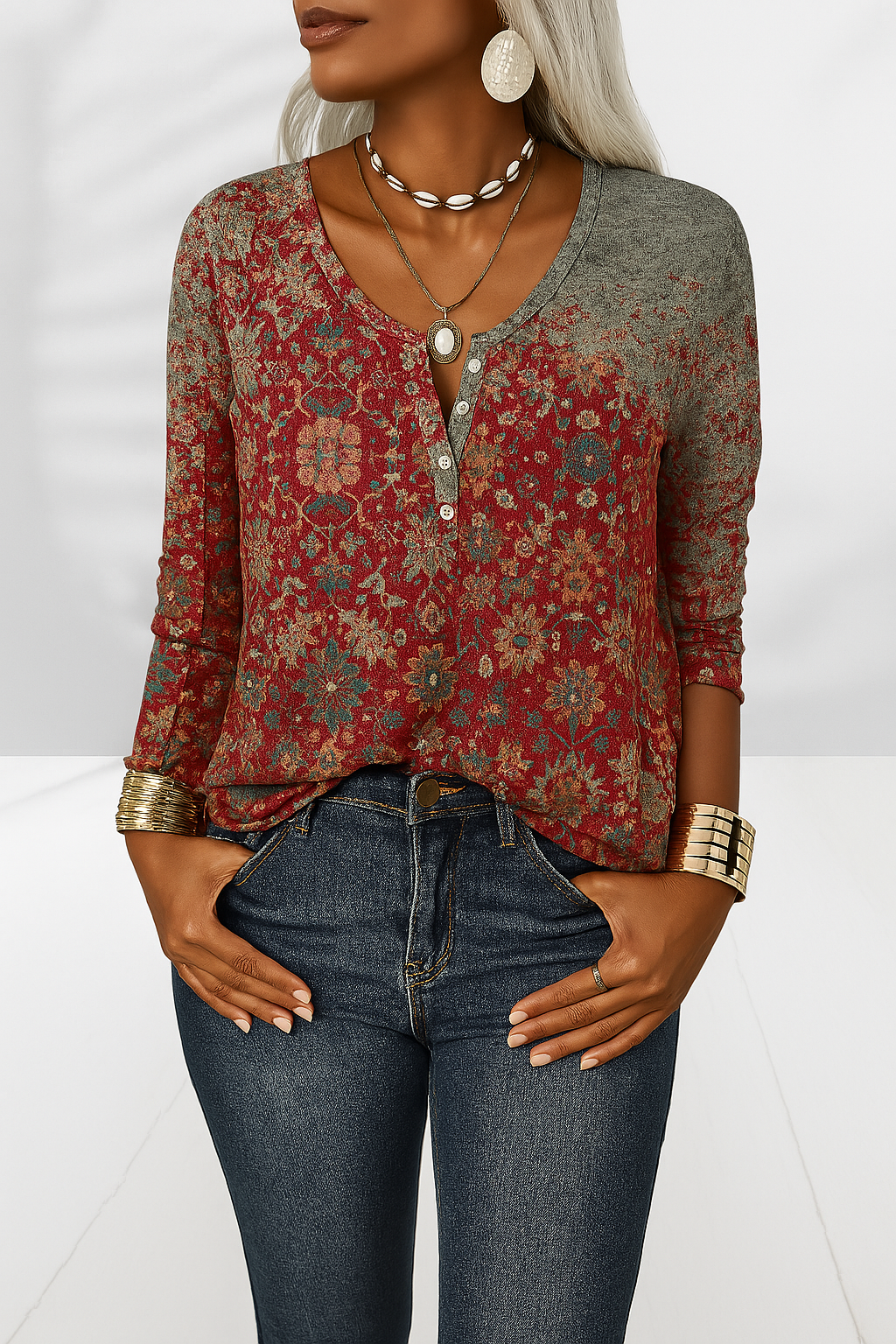 Liva | boho-bluse med blomstermønster og lange ærmer