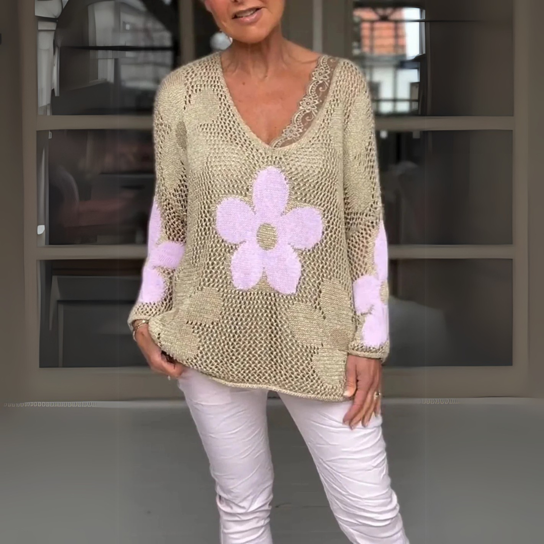 Mari | Strikket bluse med v-hals og blomstermønster