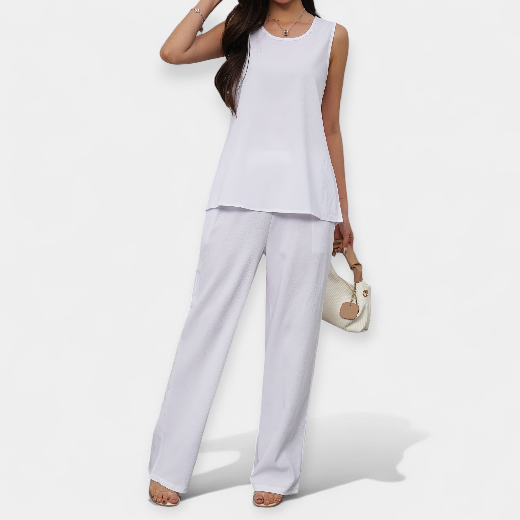 Relaxed Ensemble with Sleeveless Blouse and Flowing Trousers