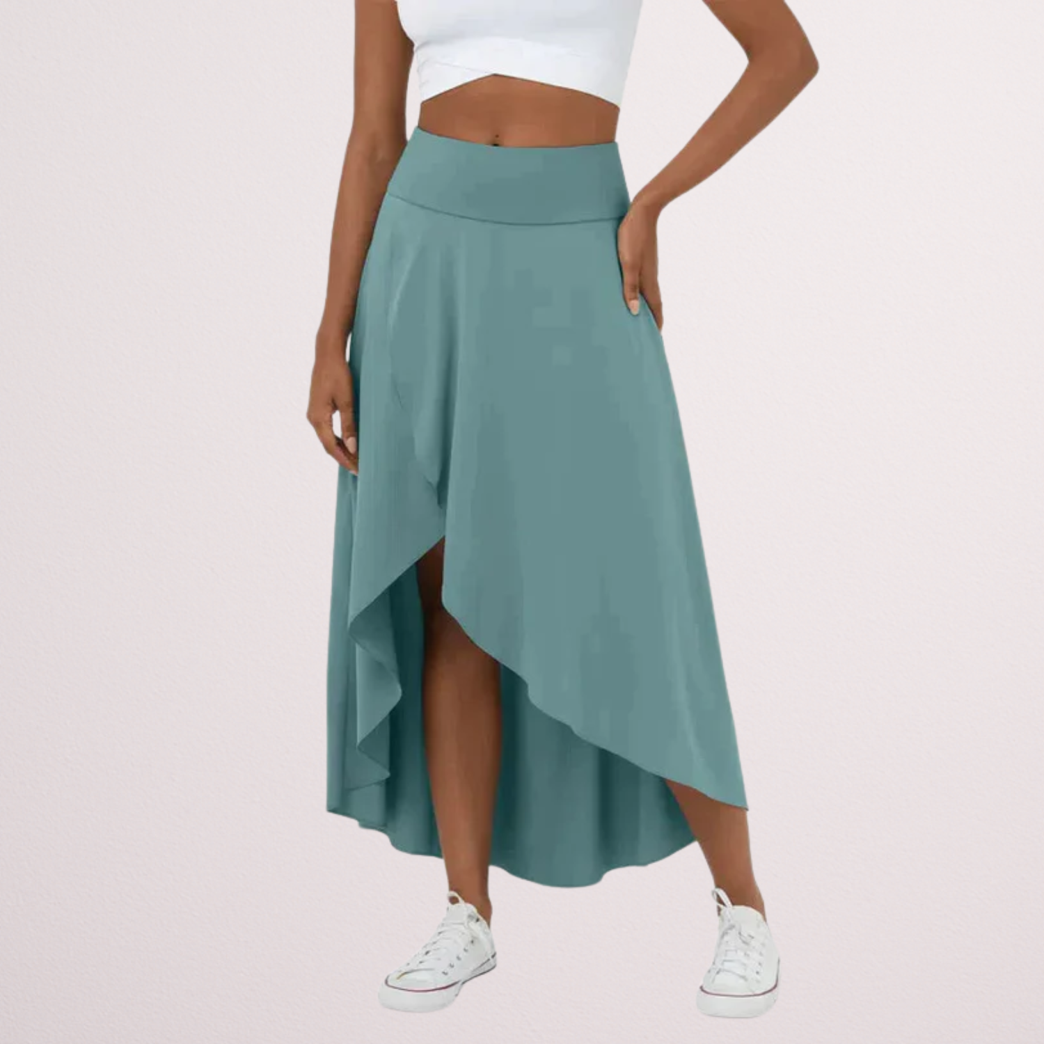 Fara | Casual midi skirt with high waist and low ruffled hem