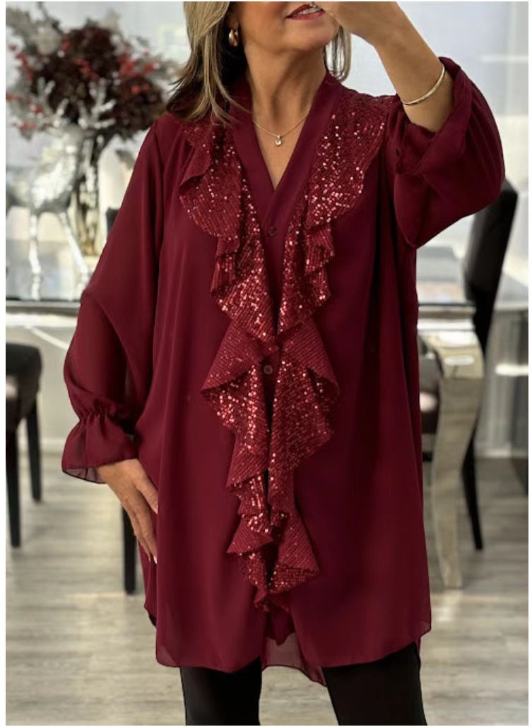 Melisa | Chiffon shirt with long sleeves and V-neckline, decorated with sequins