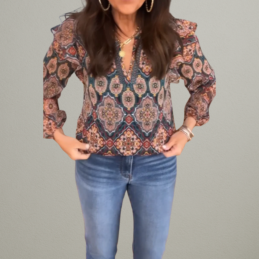Ruby | Casual damebluse med V-udskæring og etnisk print