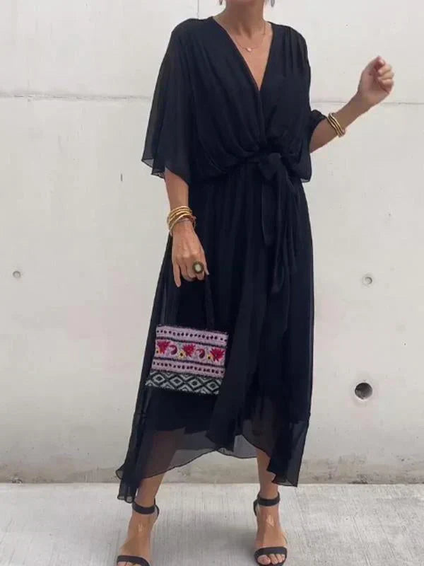 Solvej | Silkechiffon-kjole med V-hals