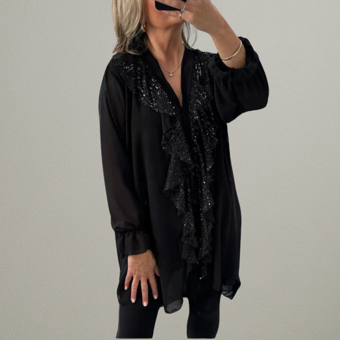 Melisa | Chiffon shirt with long sleeves and V-neckline, decorated with sequins